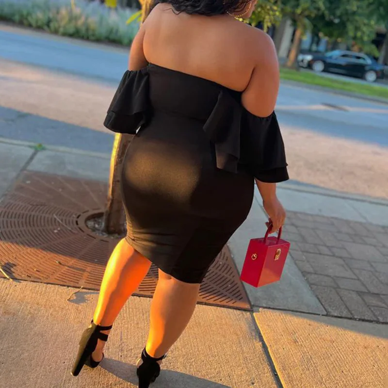 Sexy Plus Size Clothes Women Summer Autumn Double-deck Ruffles One Word Neck Backless Bag Hip Irregular Party Slim Short Dress