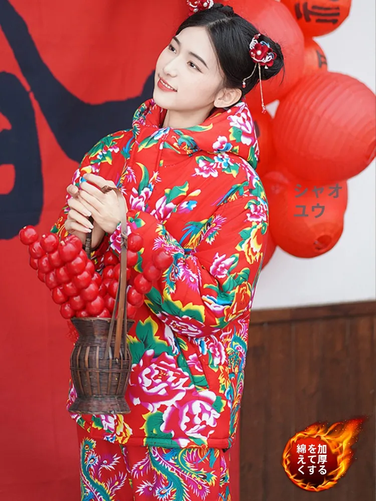 Northeast Big Flower Cotton-Padded Jacket Winter 2024 New Chinese Ethnic Sle Improved Thickened Cotton Added Hood Cotton-pa...