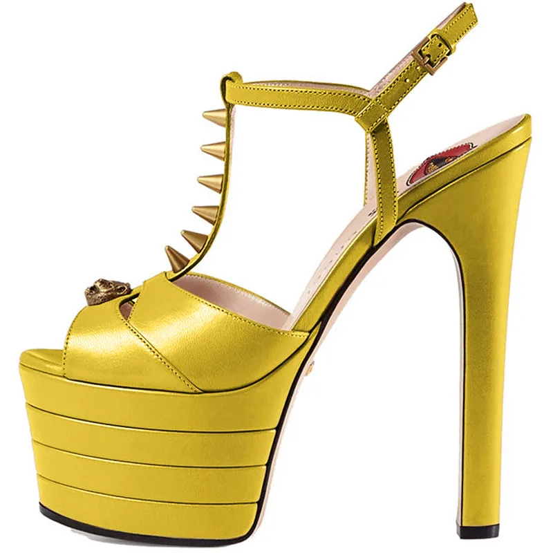 

Women Chunky High Heels T Strap Rivet Sandals Sexy Peep Toe Evening Party Shoe Platform Popular Ball Summer Lady Sandals D-SL-3