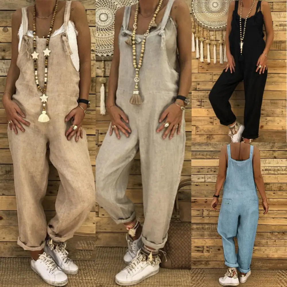 

Women Fashion Sleeveless Solid Color Overalls Casual Loose Dungarees Jumpsuits Hawaii Beach Strappy Baggy Playsuit Jumpsuit