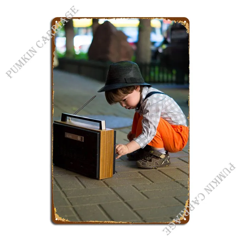 Young Boy And The Radio Metal Plaque Poster Garage Party Custom Customize Tin Sign Poster