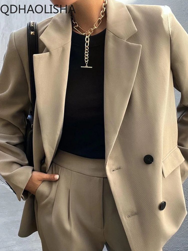 

Women's Suits Set 2 Elegant Pieces Autumer Solid Temperament Suit Lapel Blazers Coat Wide Leg Pants Set Women's Fashion Suits