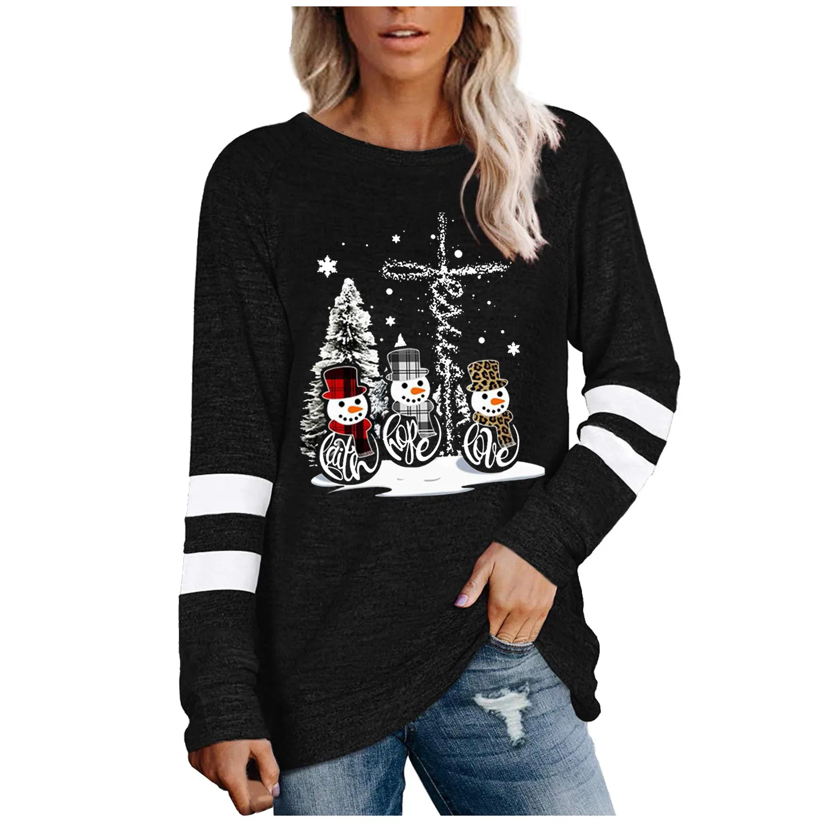 

Fashion Casua Womens Christmas Long Sleeve Striped Spliced Tops Loose Sweatshirt