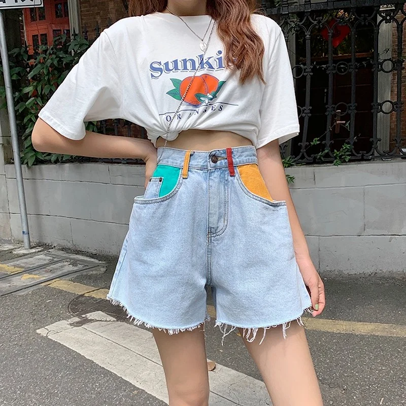 2023 Summer Ladies Color Patchwork Pocket Women Shorts Female College Style High Waist Denim Short Jean Lady Casual Fashion Wear
