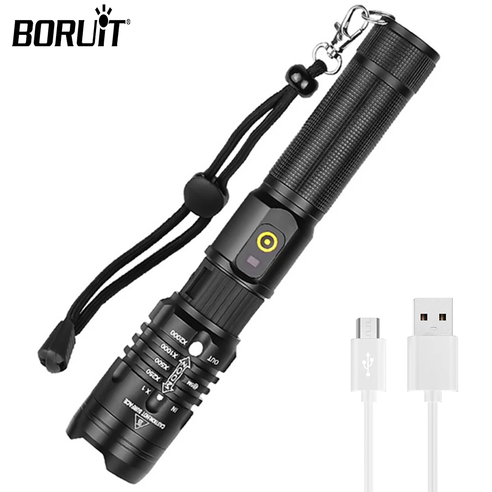 BORUiT 1800LM Super-Bright LED Flashlight USB Torch With 18650 Rechargeable Battery Zoomable 3 Modes Torch Waterproof Torch