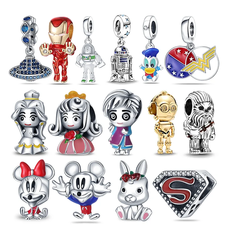 

New Disney star duck 925 Sterling Silver Badge S Helmet Charms Fits 3mm Bracelet&Bangle DIY Women's Jewelry Support wholesale