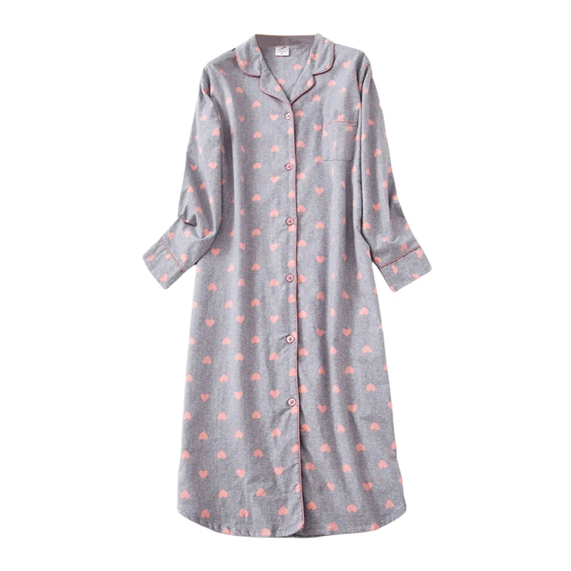 

Women's Nightgown Button down Sleepshirt Cotton Long Sleeve Cute Heart Pattern Nightshirt Pajama Top