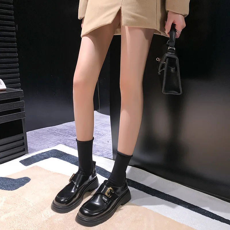 Platform Oxfords Loafers Women Buckle Deco Round Toe Splite Leather Shoes Mixed Color Casual Dress Ladies Shoes 5cm Heel