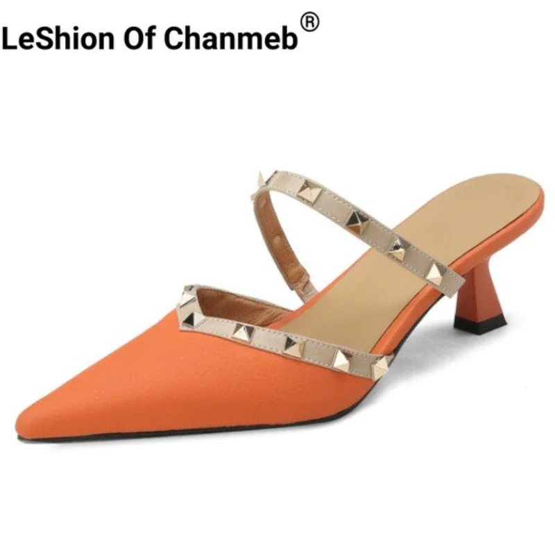 

LeShion Of Chanmeb Genuine Leather Women Mule Slippers Thin High Heeled Stud Slip On Sandals Punk Rivet Summer Lady Slides Shoes