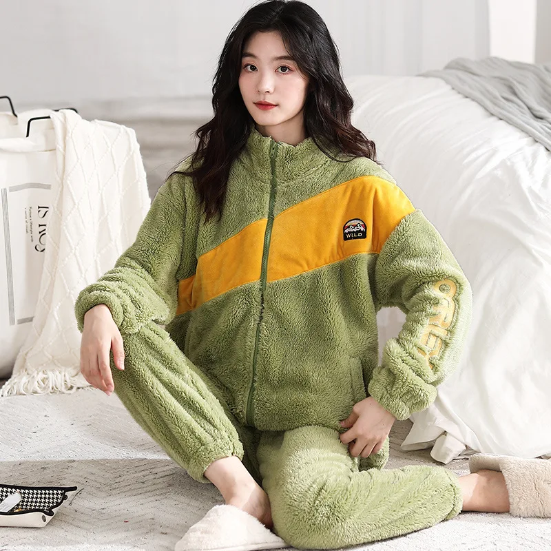 

Winter Flannel Thicken Warm Pajama Sets Fairy Patchwork Pajamas for Women Zipper Embroidery Pijama Elastic Waist Pyjama Pants