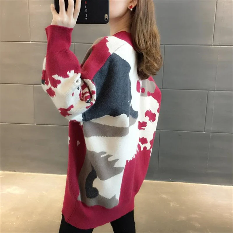 

Mid Korean Length Print Knitted Sweater Women Cardigan 3 Color Spring Autumn Fashion Loose Casual Long Sleeve Knit Jacket Female