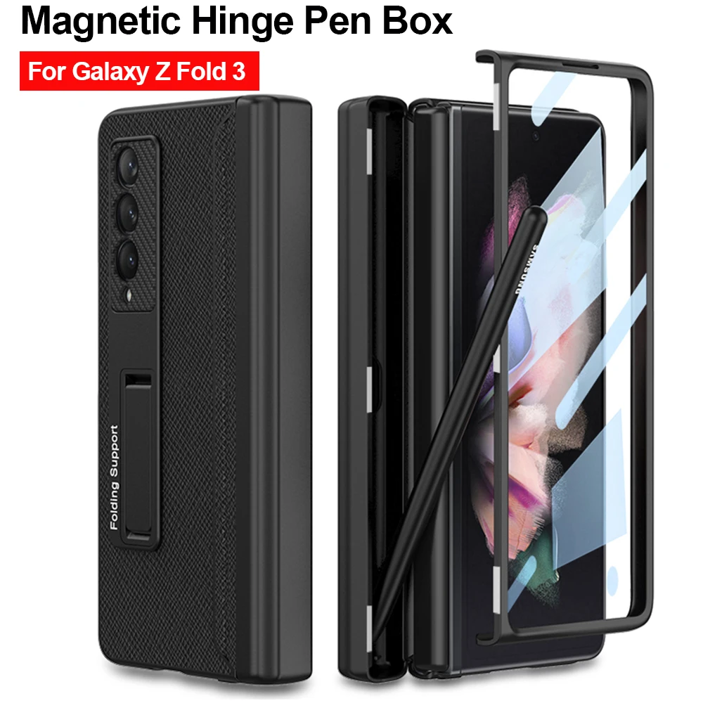 

Magnetic Hinge Pen Box Case for Samsung Galaxy Z Fold 3 5G Case Luxury Leather Stand Front Screen Glass Capa Z Fold3 Cover