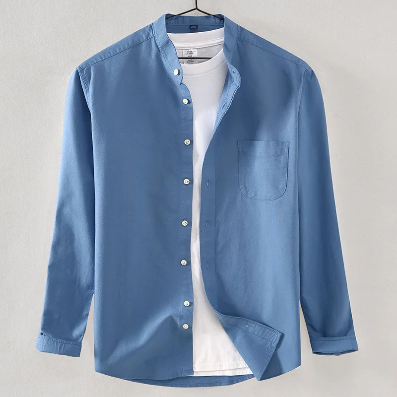 100% Cotton No Collar Oxford Solid Long Sleeve White Casual Slim Fit Fashion Men Social Shirt
