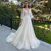 graceful a line v neck bridal dress with bow belt quarter sleeves appliques beadings bridal gown robe de mariage 2022 nouveaut%c3%a9