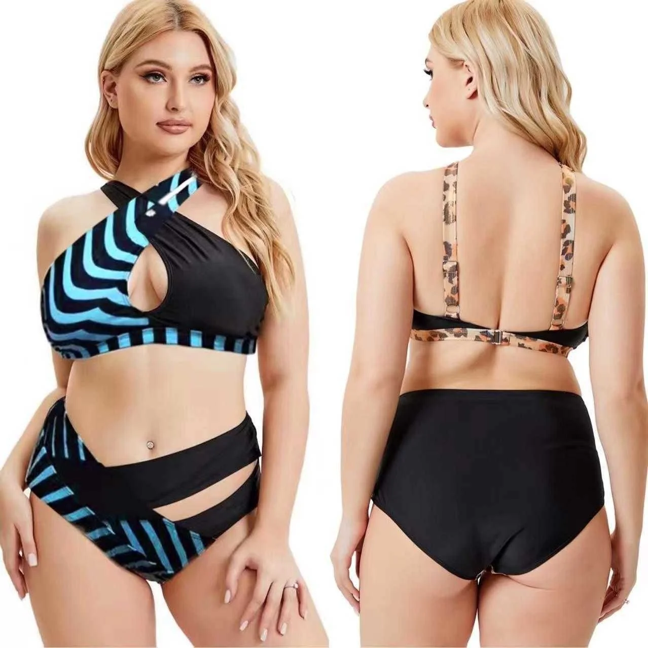 

Large Size Split Bikini Cross Soft Bag Contrast Color Gathered Fashion Swimsuit