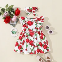 2022 summer baby girls shirt dresses allover rose flowers print ruffle flying sleeve cute princess dresses for girls headband