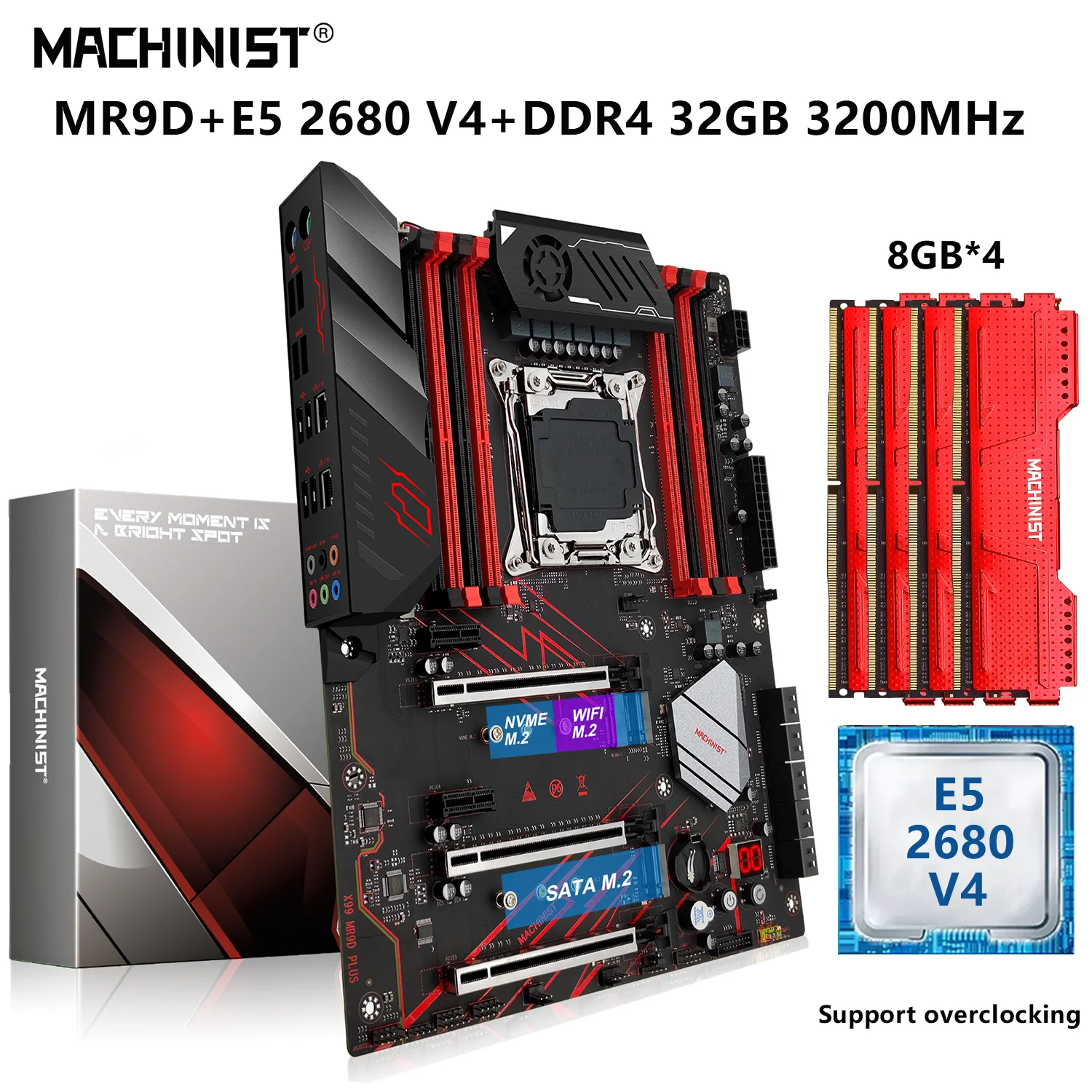 

MACHINIST MR9D Motherboard LGA 2011-3 Set Kit With Xeon E5 2680 V4 CPU Processor 32G=4x8G DDR4 2666MHz RAM USB 3.0 NVME M.2 SATA