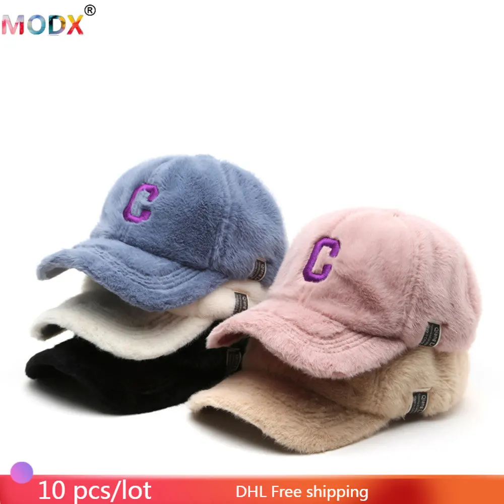 10 PCS Wholesale Baseball Caps Women and Men Casual Cute Unisex Headgear Rabbit Fur Hats Embroidery C Letter Lovers Visors 8745