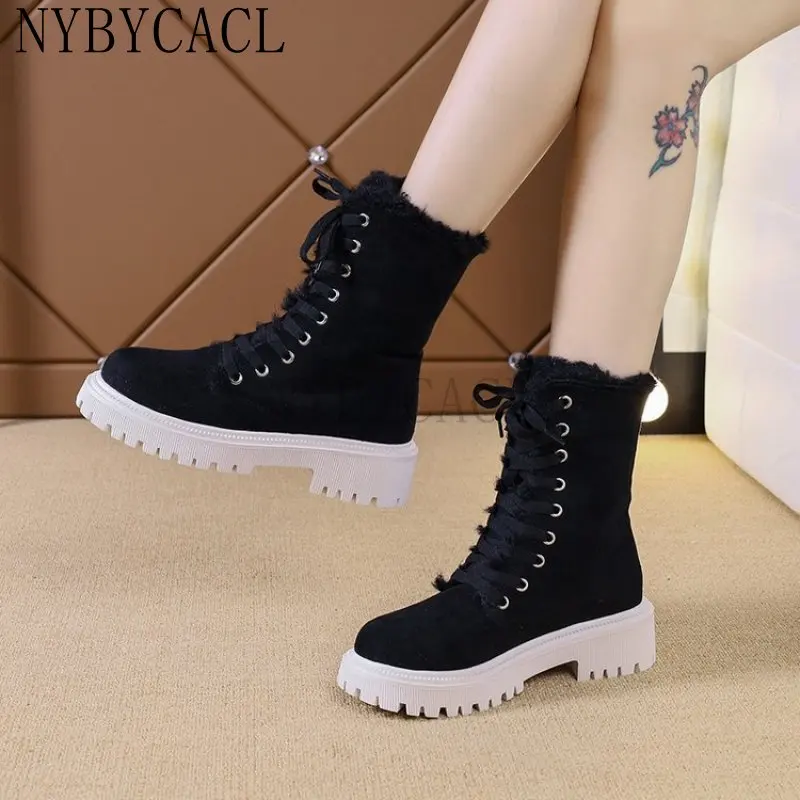 Autumn New Thick Sole Platform Chelsea Boots Women Rice White Suede Lace Up Mid Calf Short Boots Chunky Flat Heel Knight Boots