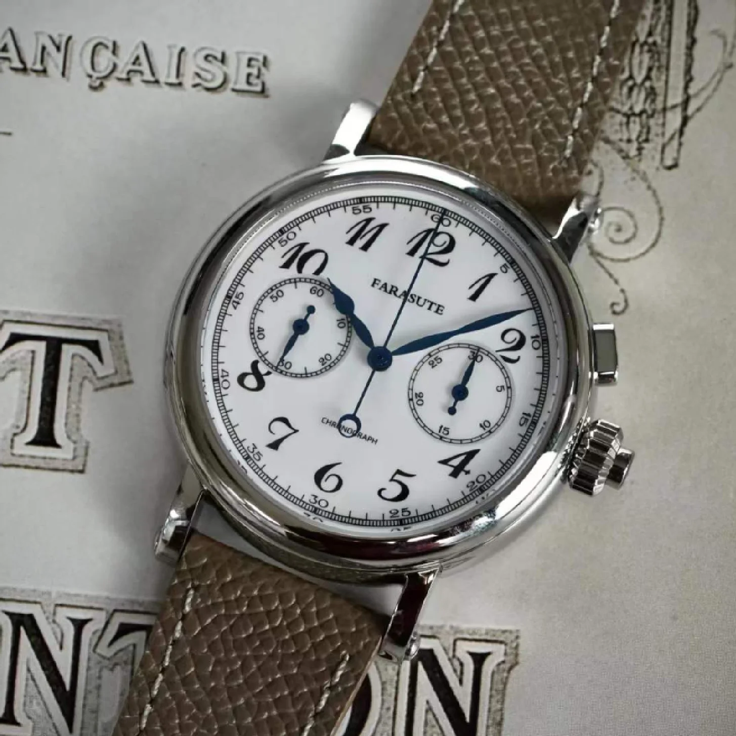 

FARASUTE Men's Watch Speed Measurement Chronographe Waterproof Stainless Steel Sapphire Enamel Dial Business Retro Dress Watch