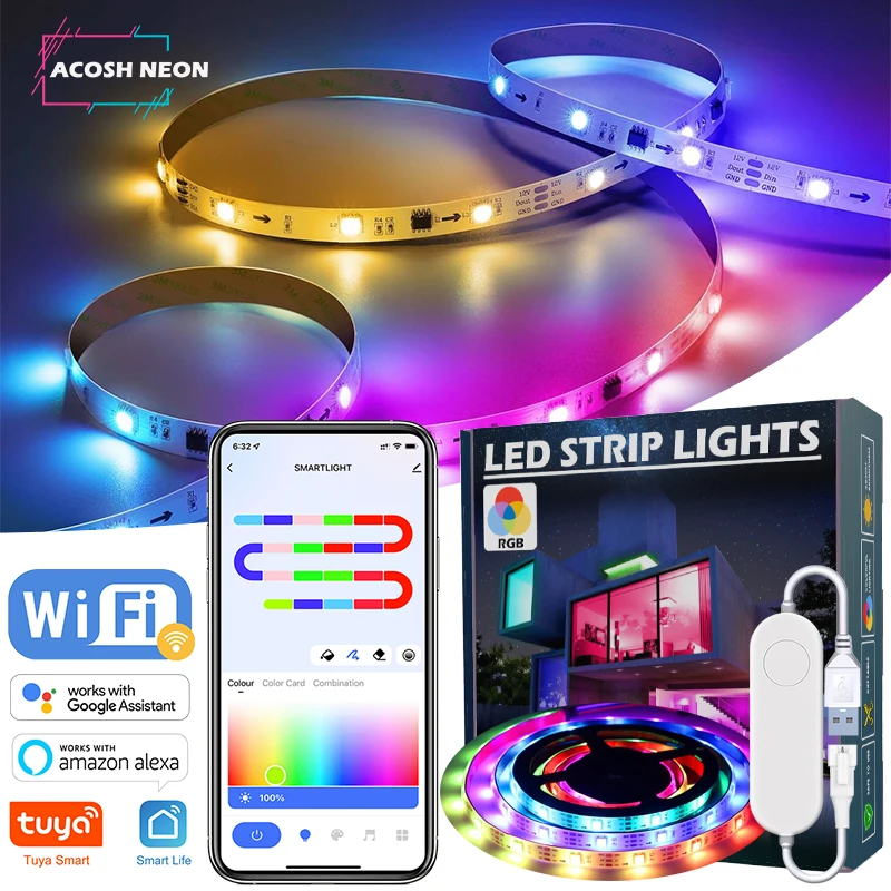 

TUYA LED Strip Lights Wifi USB 5V Smartlife Dreamcolor Lamp WS2812 RGBIC Addressable Strip Light with Chasing Effect for Bedroom