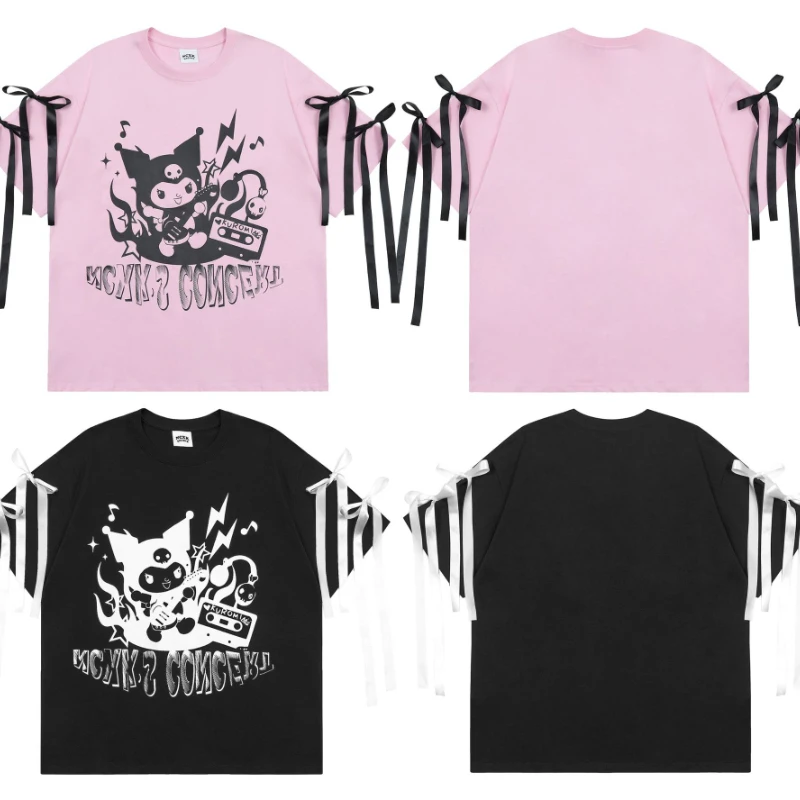

Футболка Sanrio Kawaii Kuromi летняя с мультяшным принтом для милой девушки свободный Универсальный Повседневный хлопковый топ с круглым вырезом и коротким рукавом для пары