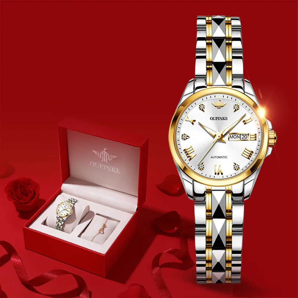 OUPINKE Classic Couple Watch Waterproof Luminous Sapphire Tungsten Steel Fashion Business Automatic Mechanical Couple Watch Set