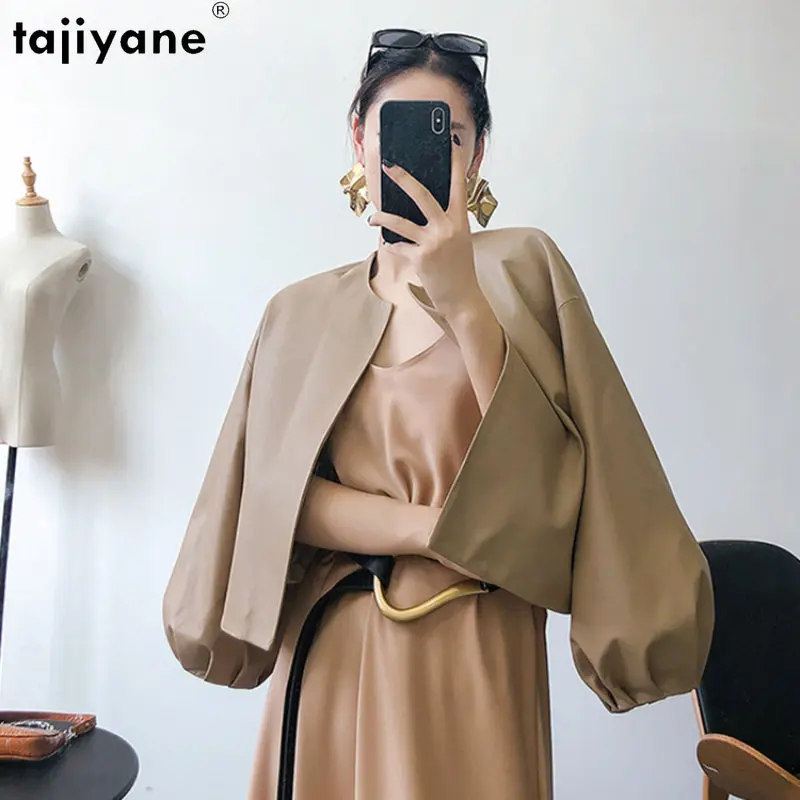 

Женская кожаная куртка Tajiyane, короткая куртка из натуральной овечьей кожи с круглым вырезом, элегантные кожаные куртки в Корейском стиле, 2023