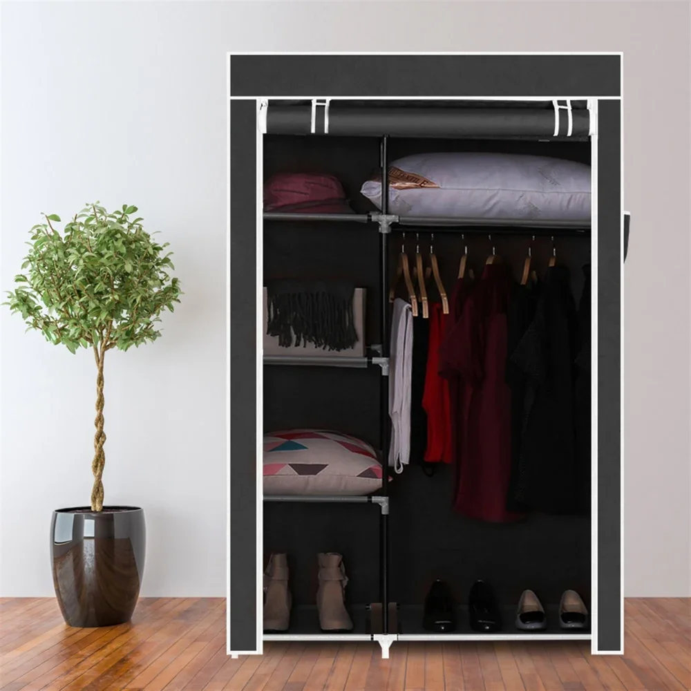 

64" Portable Closet Storage Organizer Wardrobe Clothes Rack with Shelves Black RT