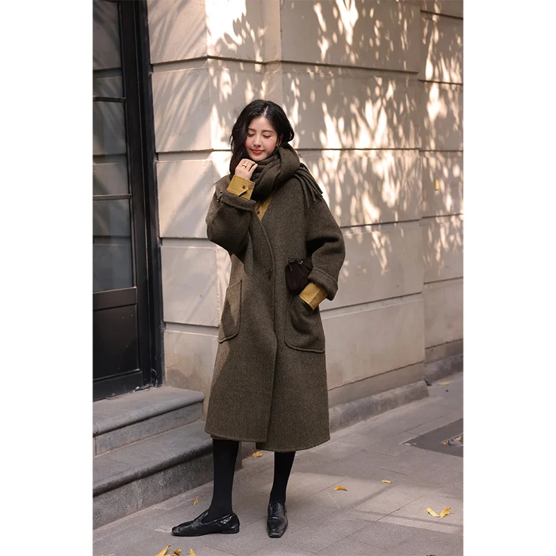 

2023 winter Business elites women's cape medium length Camel trench series cowhide button wool double-sided woolen business coat