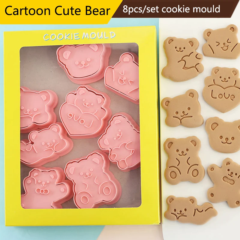 

8pcs/set Cartoon Cute Bear Biscuit Mold Household Pressable Diy Fondant Baking Tool Plastic Cookie Mold Custom Cookie Cutter