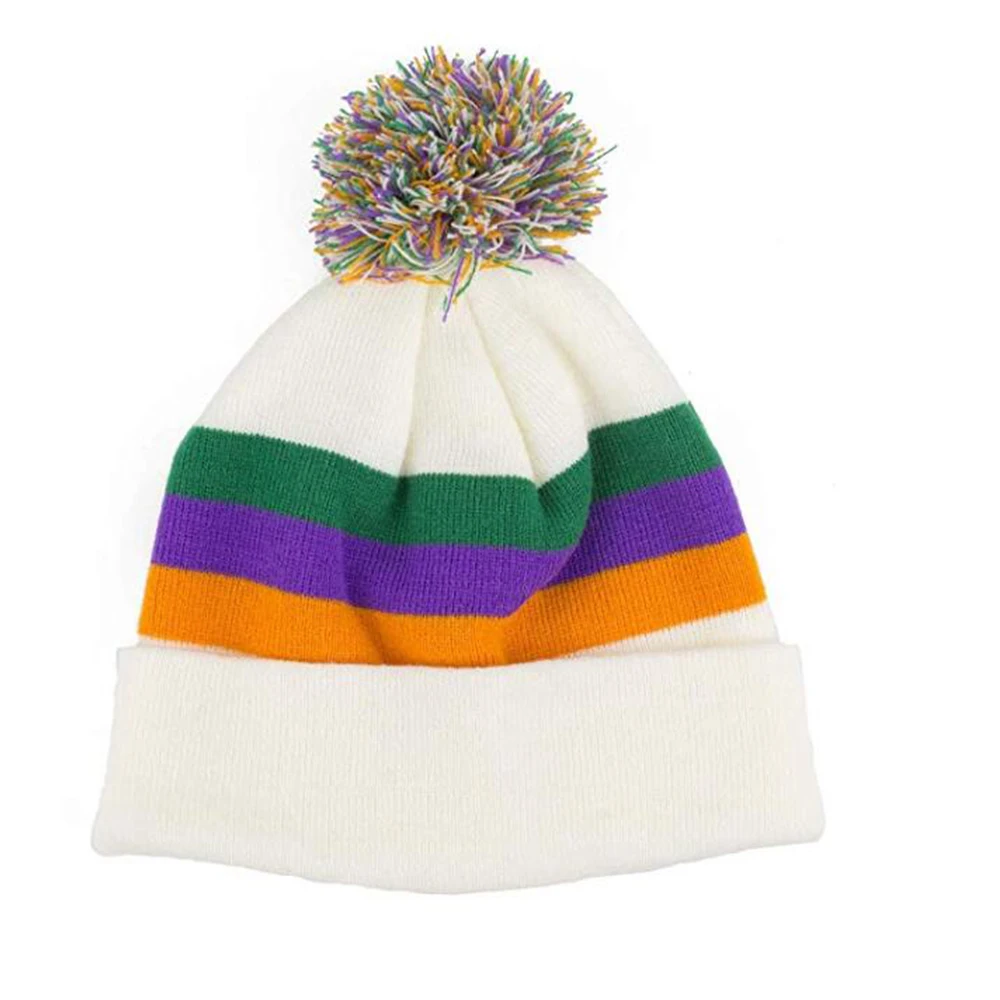 

Unisex Knitted Beanie Cap Slouchy Knit Hat with Fuzzy Ball Striped Winter Knit Cap Fur Ball Knit Cap Wool Warm Dome Hat