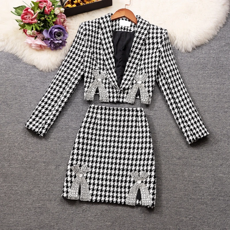 

Женский роскошный твидовый комплект с галстуком-бабочкой и бриллиантами, женская короткая мини-юбка, милый элегантный клетчатый комплект из двух предметов