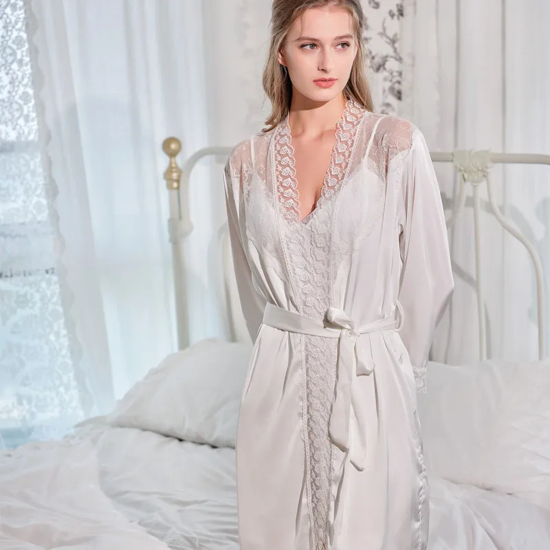 Комплект кружевного элегантного халата из 2 предметов соблазнительная атласная