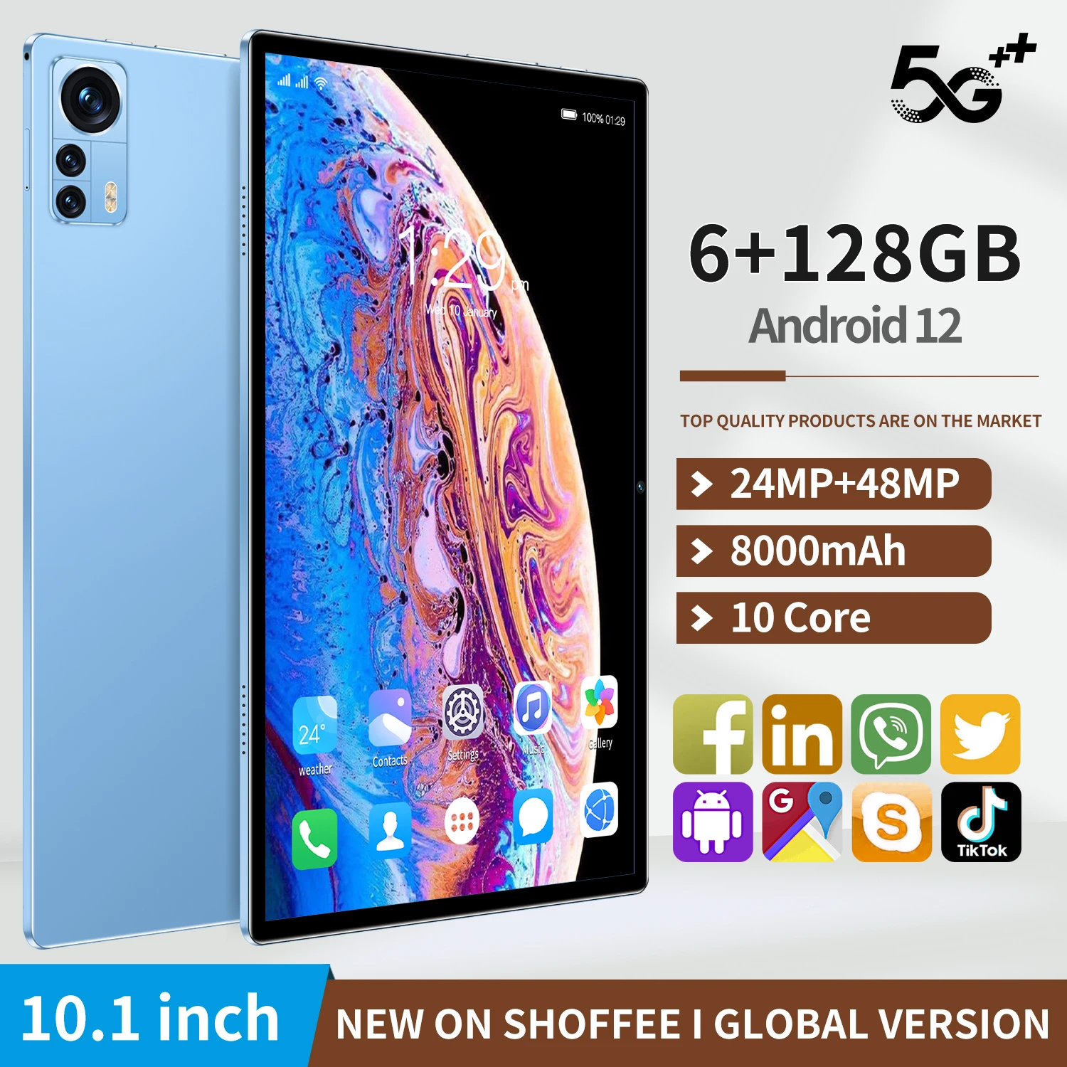 

New 10.1-inch 5G tablet Android 10.0 eight core mobile phone calls Google Play 6GB RAM 128GB ROM tablet PC WiFi Bluetooth Type-C