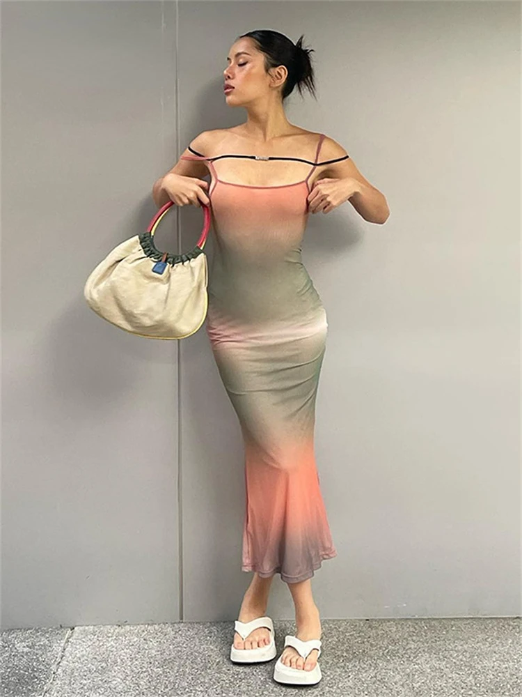 

Sexy Spaghetti Strap Print Sleeveless Bodycon Midi Dress for Women 2023 Fashion Tie Dye Party Club Backless Dresses Y2K Outfits
