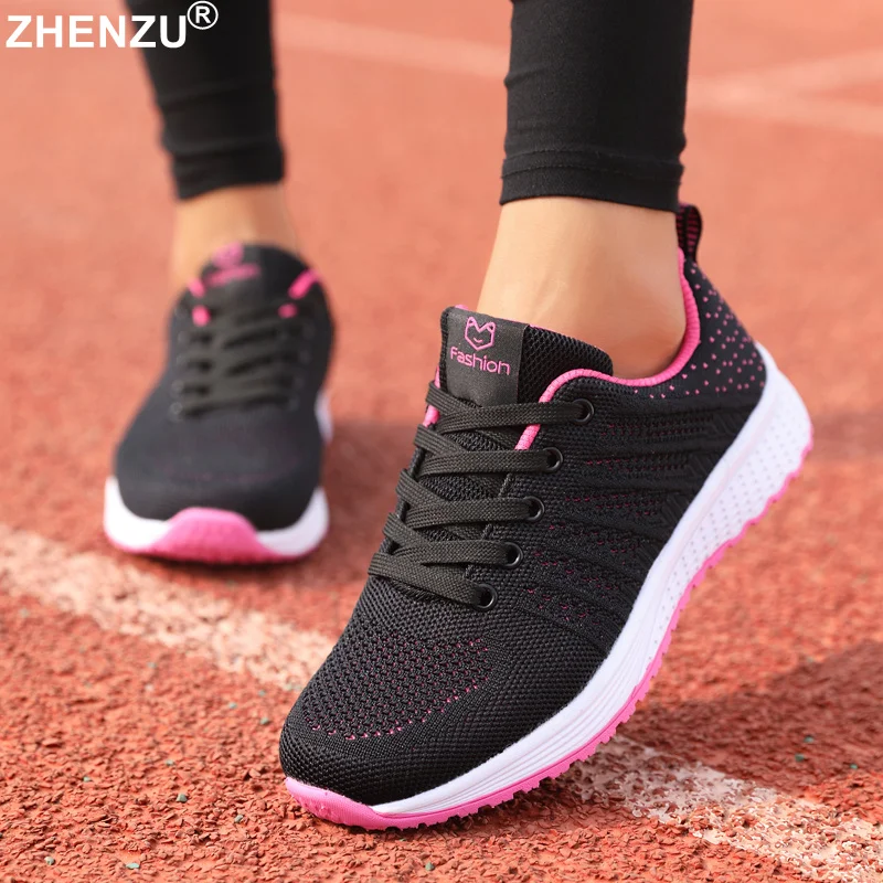 

Zhenzu Feminino Fashion Lace-up Black Sport Shoes for Women Sneakers Light Flat Tennis Woman Running Shoes Outdoor Gym