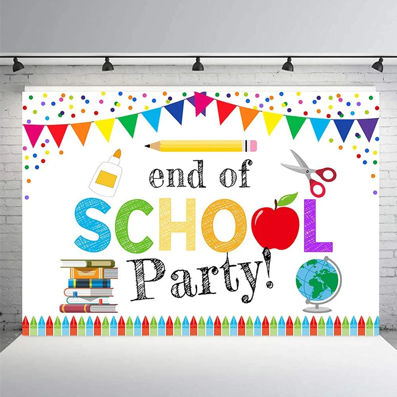 

End of School Party Photo Backdrops Colorful Pens Books Confetti Classroom Teacher Graduation Backgrounds Banner for Photography