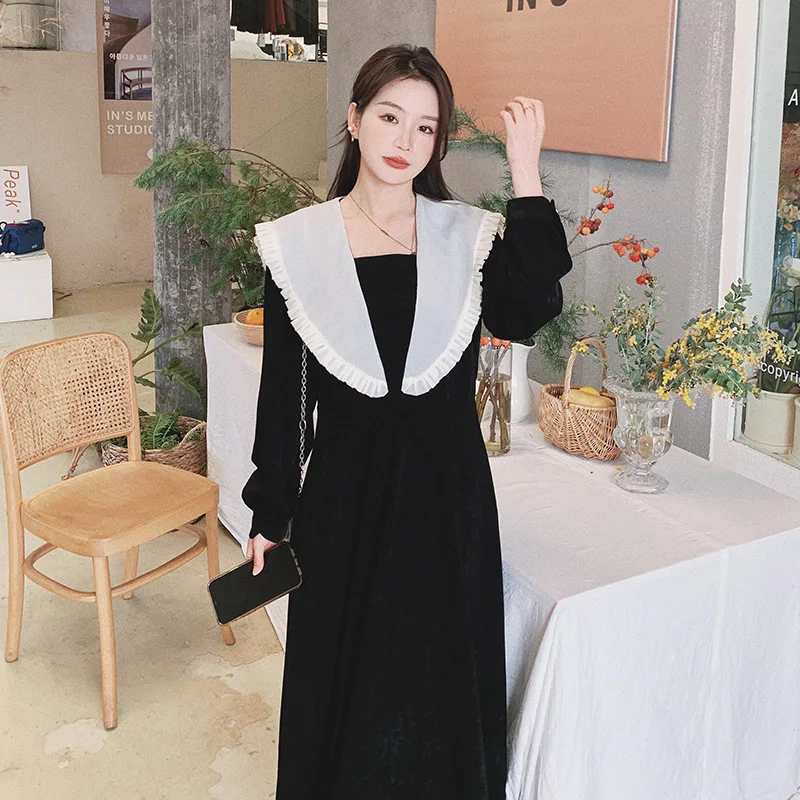 

Женское контрастное платье с воротником-накидкой, винтажное элегантное облегающее повседневное ТРАПЕЦИЕВИДНОЕ Черное Платье макси с длинным рукавом, модель H02, 2023