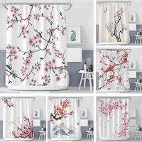 japanese cherry blossom bathroom shower curtains 3d plum red pink floral sakura ink painting flowers bath curtain with 12 hooks