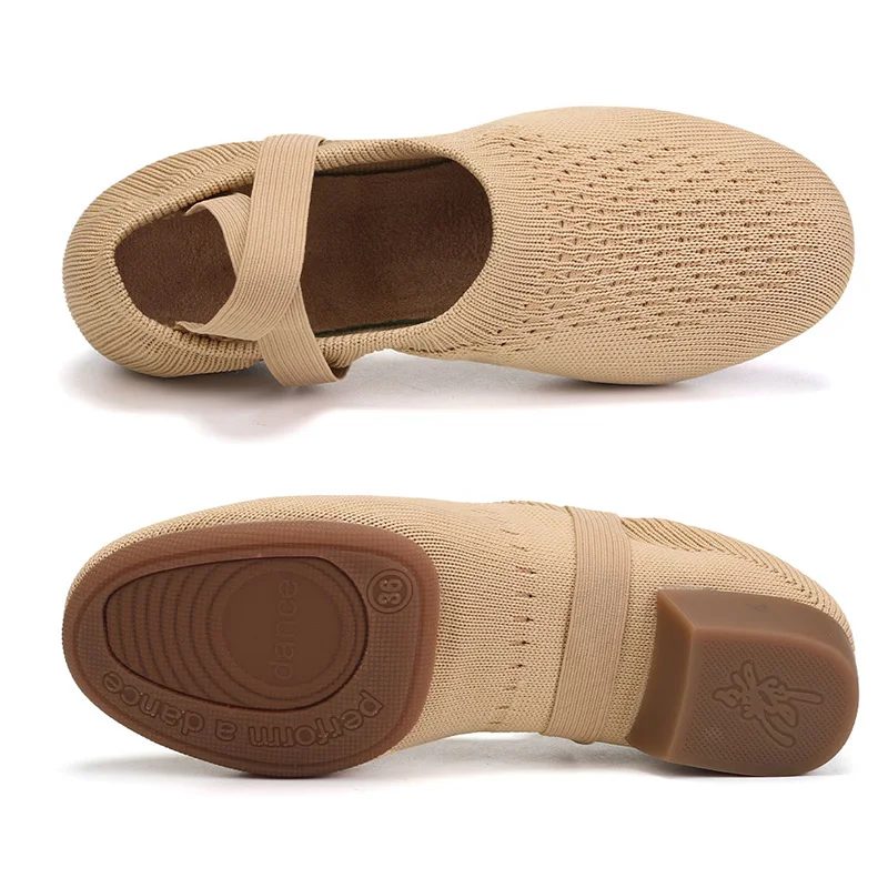 Women's Practice Latin Dance Shoes Knitted Materials Ballroom Tango Dancing Shoes Rubber Sole Outdoor Casual Fitness Ballet Shoe