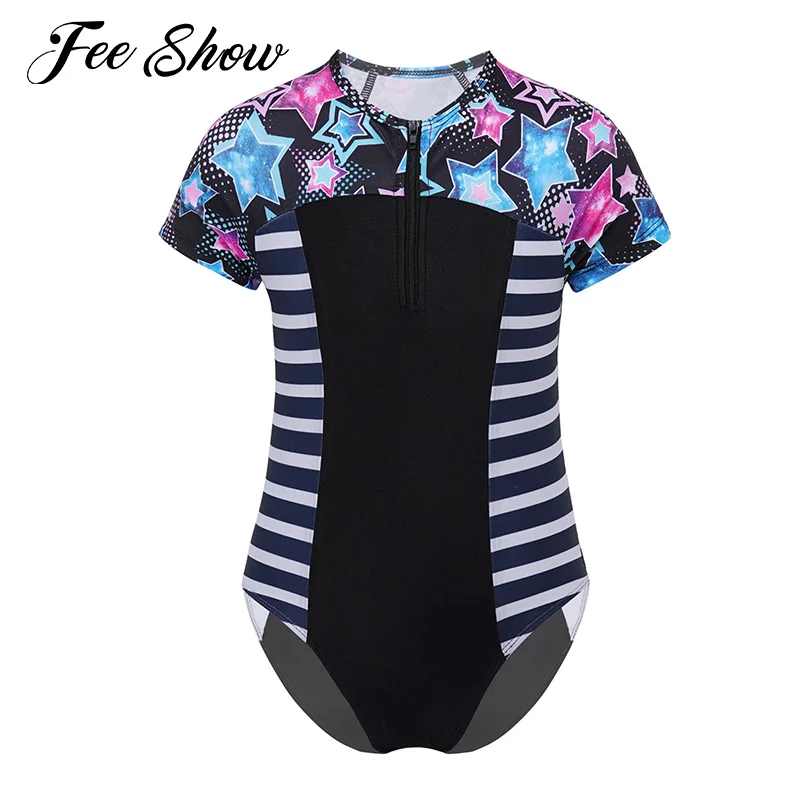 

#4-14, детский слитный купальник в полоску для девочек, купальник с коротким рукавом и молнией спереди, купальный костюм с цветочным принтом и ...