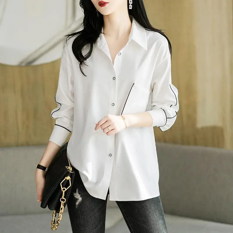 

Solid Color Fashion Casual Women's Clothing 2023 Spring New Long Sleeve Tops Women Elegant Single Breasted High-grade White Shir