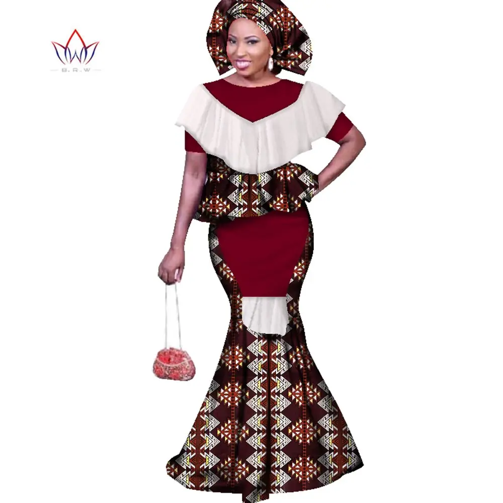 

Женская африканская традиционная одежда, милый модный дизайн, базин богатый с коротким рукавом, комплект из 2 предметов, юбка и топ WY1683