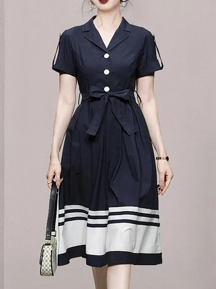 

SMTHMA Elegant Dress For Women Notched Collar Short Sleeve High Waist Patchwork Colorblock Midi Dresses Female Clothes New