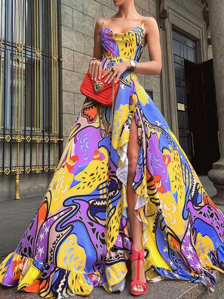 

Sexy Off Shoulder Backless Maxi Dress Summer Elegant Sleeveless Ruffle Slit Sling Long Dress Women Printed Hem Loose Party Dress