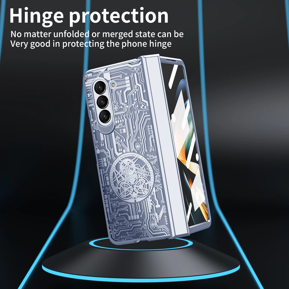 For Samsung Galaxy Z Fold 5 Case Electroplated Transparent Mechanical Pattern Folding Hinge With Tempered Film Shockproof Cover
