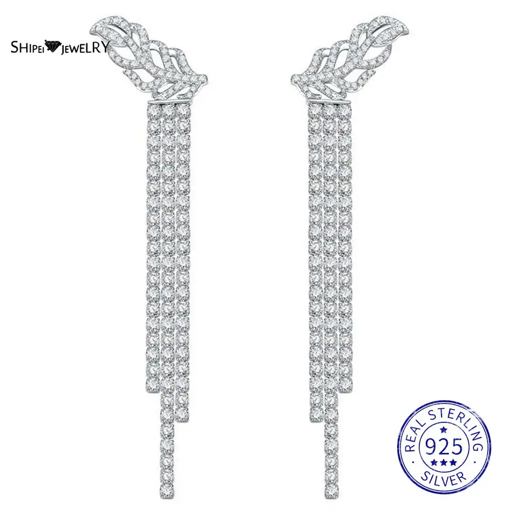 

Shipei 925 Sterling Silver Created Moissanite Wedding Engagement Elegant Long Tassel Drop Dangle Earrings Studs Fine Jewelry