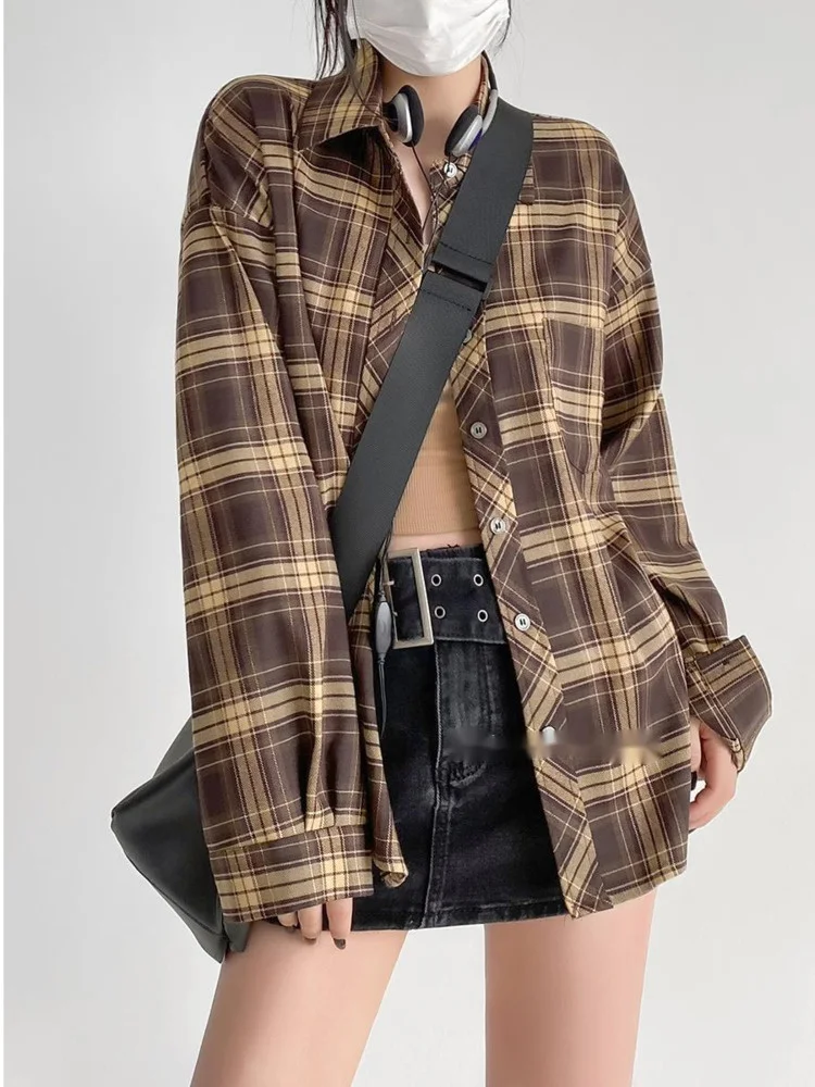 

TVVOVVIN Loose Long Sleeve Plaid Shirt Women Autumn Winter Lapel Casual Shirt Tops Blouse Fashion Korean Women Top C8DN