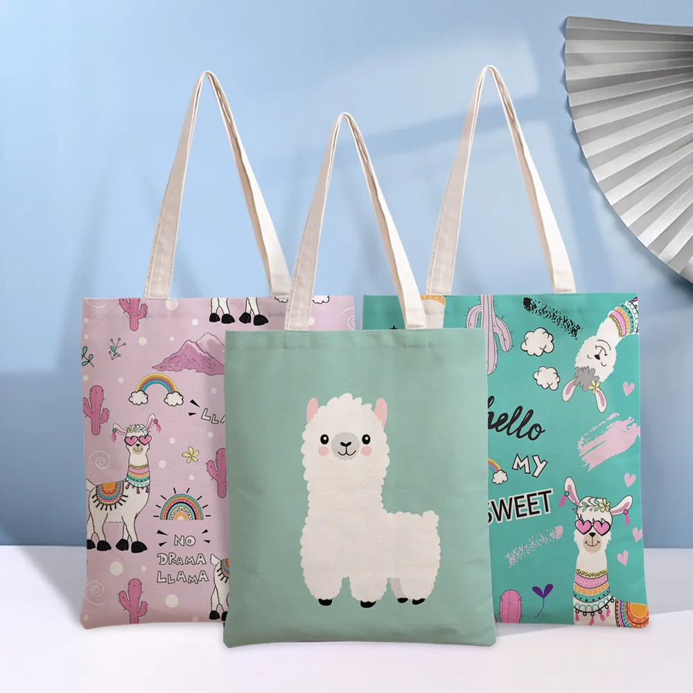

Women Canvas Shopping Bag Alpaca Print Female Cotton Cloth Shoulder Bag Eco Handbag Tote Reusable Grocery Shopper Bags